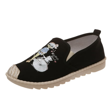 nsendm Casual Work Shoes for Women Fashion Women Cartoon Print Canvas Autumn Weave Dress Casual Shoes for Women Wide Shoes Black 7