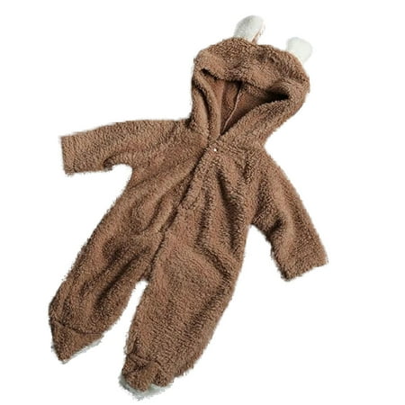 DNDKILG Newborn Infant Baby Fleece Clothes Romper for Girl Boy Cotton Winter Warm Long Sleeve Hooded Jumpsuit Khaki 0-12M