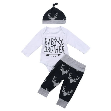 jaweiw 3Pcs Christmas Baby Boys Outfits Sets Autumn Letter Printed Long Sleeve Romper Long Pant Beanie Cap