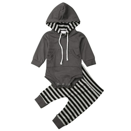 2PCS Newborn Baby Boy Girl Outfit Long Sleeve Hooded Rompers Hoodie Bodysuit Striped Pants Clothes Set