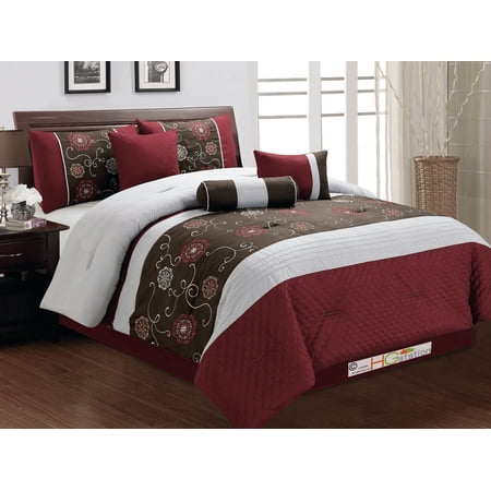 7-Pc Quilted Floral Damask Scroll Embroidery Comforter Set Burgundy Brown Silver Queen