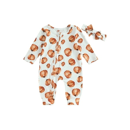 Lamuusaa Baby Girl Fall Outfit Long Sleeve Pumpkin Flower Print Jumpsuit with Headband Halloween Clothes
Lamuusaa Baby Girl Fall Outfit Long Sleeve Pumpkin Flower Print Jumpsuit with Headband Halloween Clothes