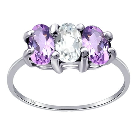 Natural 0.7 Carat White Topaz,Purple Amethyst Sterling Silver 3-Stone Ring