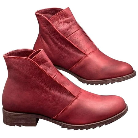 Women PU Leather Boots Round Toe Thickened Sole Low Heel Ankle Booties New