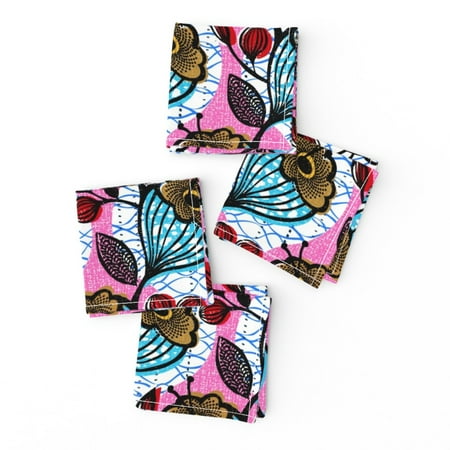 Cocktail Napkins Floral Bright Pink And Blue Flower Mod Boho Wax Prints Set of 4