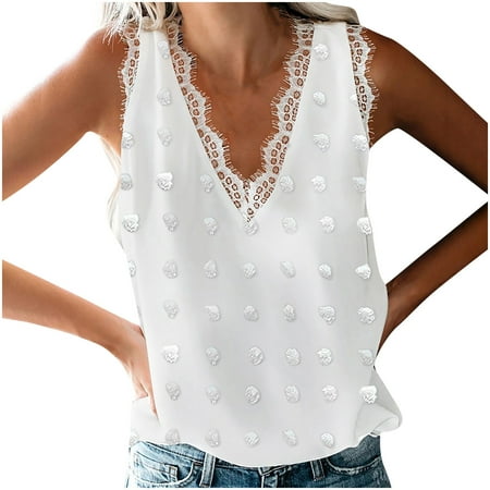 Egmy Women Casual Solid Sleeveless V-Neck Lace Loose Hedging Vest Tops