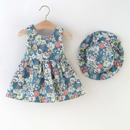 

Hunpta Infant Baby Girls 6M-3Y Sleeveless Bowknot Floral Printed Suspenders Princess Dress Hat Set