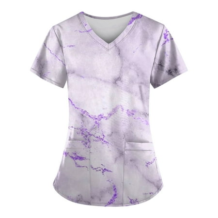 

Kddylitq Printed Scrub Tops Xl Marble Print with Pockets Short Sleeve Scrub Tops V Neck Stretchy Scrub Tops for Women Light Purple 4XL