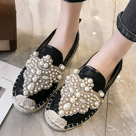 Zpanxa Shoes for Women Sandals Womens Pearl Solid Flat Heels Peep Toe Sandals Shoes Black Womens Shoes 37