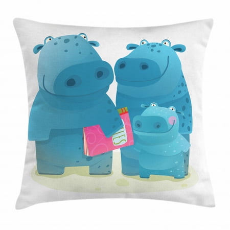 Hippo Throw Pillow Cushion Cover, Graphic Happy Hippo Family with Father Mother and Little Child on White Background, Decorative Square Accent Pillow Case, 18 X 18 Inches, Multicolor, by Ambesonne