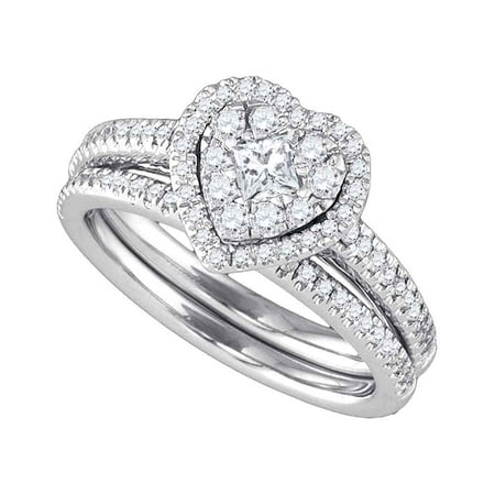 14k White Gold Round Princess Diamond Heart-shaped Womens Halo Wedding Bridal Ring Set ( .75 cttw.)