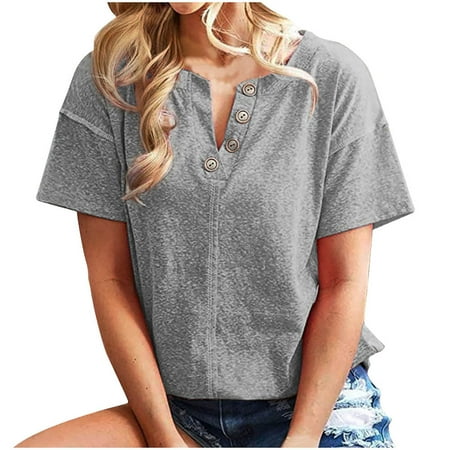 Womens Blouses Women Casual Short Sleeve V-Neck Loose Solid Buttons Pullover Fashion Blouse Tops Button T-shirts Summer Tops Gray XXL
Womens Blouses Women Casual Short Sleeve V-Neck Loose Solid Buttons Pullover Fashion Blouse Tops Button T-shirts Summer Tops Gray XXL