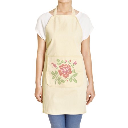 Floral Printed Khaki Kitchen Apron 27 x 32.5 Inch with Pocket APR