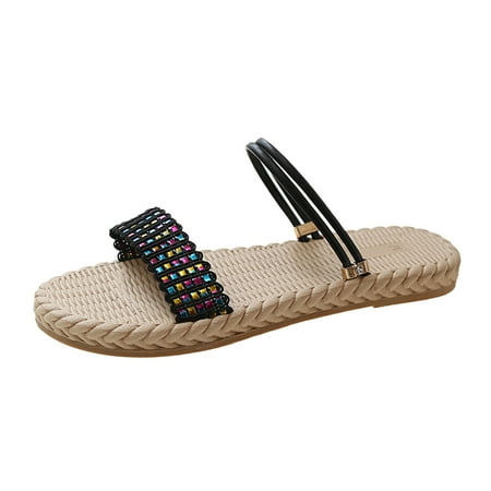 YanHoo Women Flat Sandals Cute Boho Sandals 2023 Travel Slide Sandals Wedding Dresssy Low Wedge Sandals Summer Beach Oceanside Holiday Sandals