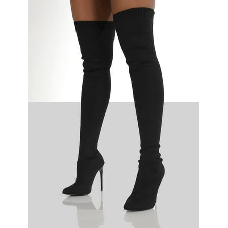 ROASO Women s Pointed Toe Thigh High Boots Black