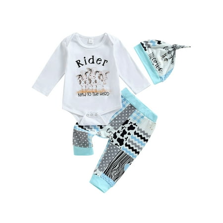 Qtinghua Western Newborn Baby Boys Outfits Cow Print Letter Romepr Bodysuit+Long Pants+Hat 3Pcs Infant Clothes Blue White 0-3 Months
Qtinghua Western Newborn Baby Boys Outfits Cow Print Letter Romepr Bodysuit+Long Pants+Hat 3Pcs Infant Clothes Blue White 0-3 Months