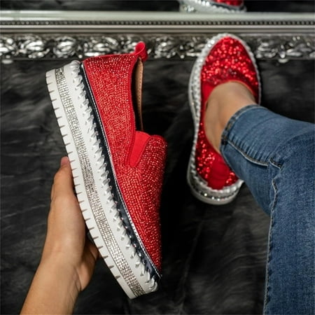 Ecqkame Women s Flats Shoes Clearance Fashion Rhinestone Flat Sole Single Shoes Women s One-footed Shoes Casual Shoes Red 45