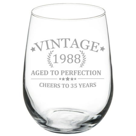 Wine Glass Cheers To 35 Years Vintage 1988 35th Birthday (Stemless 17oz)
Wine Glass Cheers To 35 Years Vintage 1988 35th Birthday (Stemless 17oz)