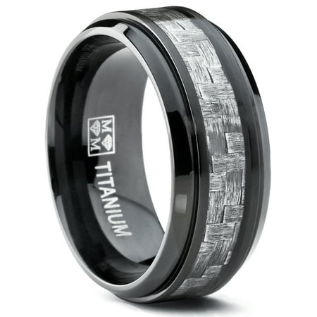 9MM Black Titanium Men's Wedding Band Ring with Wide Gray Carbon Fiber Inlay, Comfort Fit
