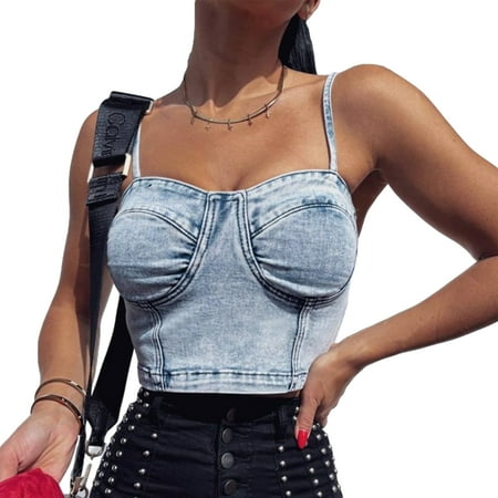 Luckinbaby Women’s Denim Camisole Sexy Zipper Exposed Navel Backless Tops