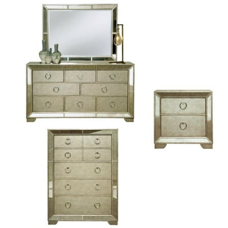3 Piece Bedroom Set with Dresser and Chest and Nightstand in Gold