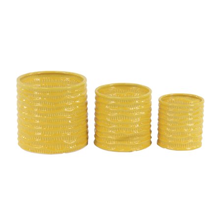 Decmode Contemporary 6, 7 And 9 Inch Cylindrical Yellow Porcelain Planters - Set of 3