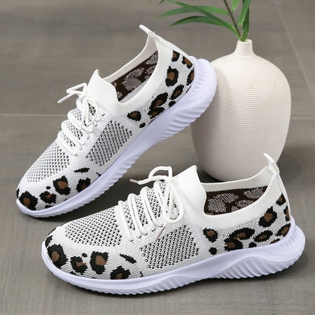 Women s Casual Sneakers Breathable Lace-up Running Shoes Leopard Pattern Sports Shoes