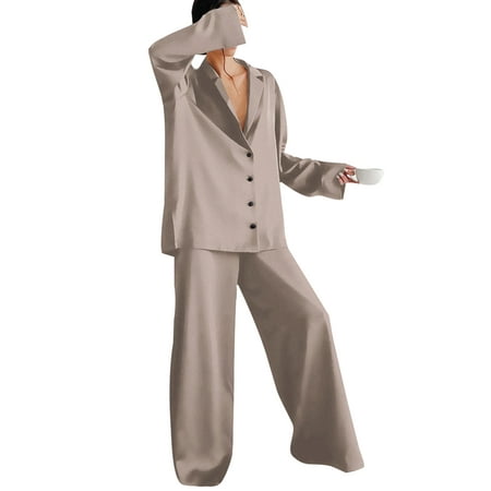 Niuer Ladies Sleepwear Lapel Collar Pajamas Sets Solid Color Nightwear Faux Silk Lounge Set Button Down Light Brown S
Niuer Ladies Sleepwear Lapel Collar Pajamas Sets Solid Color Nightwear Faux Silk Lounge Set Button Down Light Brown S