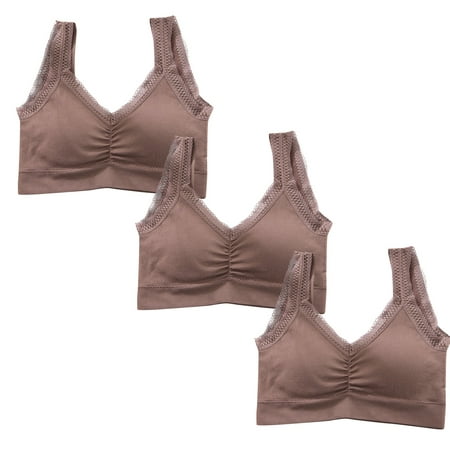 

Riforla 3PC Comfortable Lace V Neck Gathering Versatile U Shaped Beauty Back with Chest Cushion Integrated Bra Brown One Size