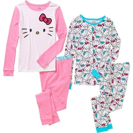 Girls' Hello Kitty 4 Piece Cotton Sleepwear Set with Doorknob Hanger