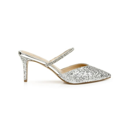 

JEWEL BADGLEY MISCHKA Womens Silver Embellished Glitter Jan Pointed Toe Stiletto Slip On Dress Heeled Mules Shoes 7.5 M