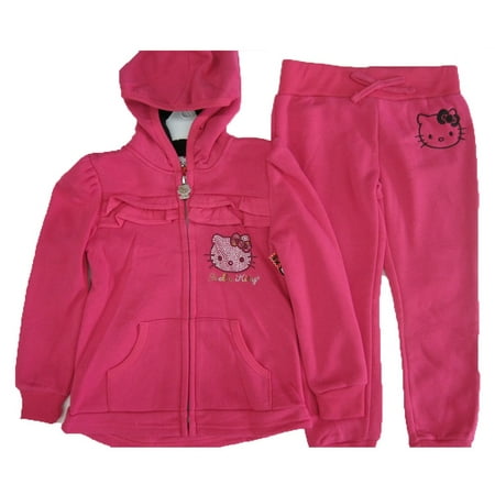Hello Kitty Little Girls Pink Studded Face Ruffle Zipper Hooded 2 Pc Pants Set 4-6X