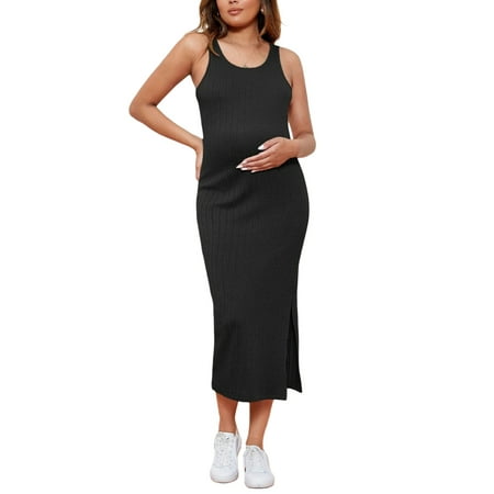 Women s Maternity Rib Knit Split Side Sleeveless Bodycon Tank Pencil Dress