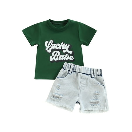 Girl St Patricks Day Outfit Summer Letter Print Round Neck Short Sleeve T-shirt+ Stretch Casual Ripped Denim Shorts Clothes Set
Girl St Patricks Day Outfit Summer Letter Print Round Neck Short Sleeve T-shirt+ Stretch Casual Ripped Denim Shorts Clothes Set