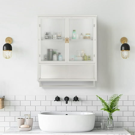 23.62 Glass Doors Modern Two-door Wall Cabinet with Featuring Two-tier Enclosed Storage an Open Shelf and Towel Rack
23.62 Glass Doors Modern Two-door Wall Cabinet with Featuring Two-tier Enclosed Storage an Open Shelf and Towel Rack