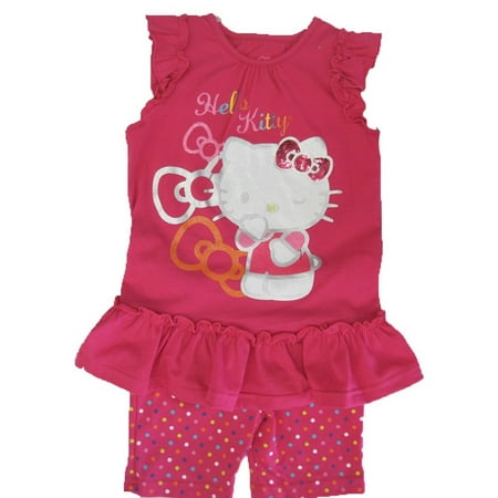 Hello Kitty Little Girls Fuchsia Ruffle Applique Dot 2 Pc Shorts Set 4-6X