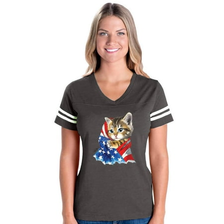 Cute Kitty with American Flag Womens V-Neck Fine Jersey Tee
