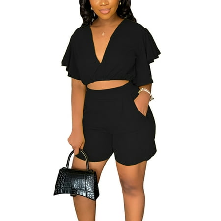 Rejlun Women V Neck Pajamas Cropped Top And Shorts Short Sleeves Loungwear Daily Wear Lounge Sets Black M
Rejlun Women V Neck Pajamas Cropped Top And Shorts Short Sleeves Loungwear Daily Wear Lounge Sets Black M