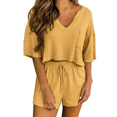 UKAP Waffle Knit Pajamas Set for Women Summer Casual Short Sleeve Shirt with Shorts Loungewear Sleepwear Yellow XL 
UKAP Waffle Knit Pajamas Set for Women Summer Casual Short Sleeve Shirt with Shorts Loungewear Sleepwear Yellow XL