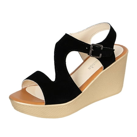 Aompmsdx Women Wedge Buckle Sandals Thick Sole Sandals Fashion Versatile Fish Mouth Breathable Wedge Slippers Sandalsheel Shoe