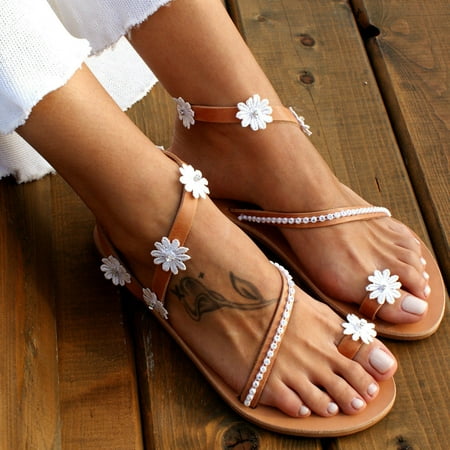 uikmnh Women Shoes Women Summer Flat Flower Sandals Casual Bohemian Style Slip ON Beach Shoes Brown 8