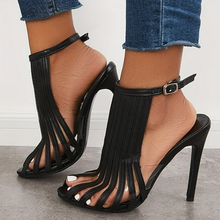 Elegant Black Stiletto Heels - Chic Open-Toe T-Strap Sandals with Adjustable Ankle Buckle Perfect Party Companion
Elegant Black Stiletto Heels - Chic Open-Toe T-Strap Sandals with Adjustable Ankle Buckle Perfect Party Companion