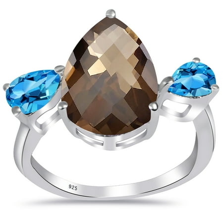 Trinity 6 Ctw Pear Smoky Quartz, Topaz 925 Sterling Silver Ring For Women's By Orchid Jewelry