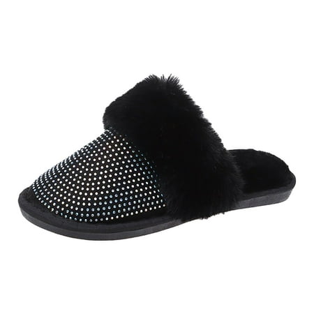 

SEMIMAY Fashion Women Rhinestones Slip On Furry Plush Flat Home Winter Round Toe Keep Warm Solid Color Slippers Shoes