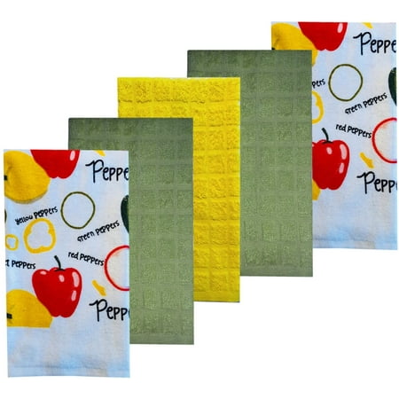 Peppers 5 Piece Colorful Print and Solid Cotton Kitchen Dish Towel Set 100% Absorbent Cotton Peppers
Peppers 5 Piece Colorful Print and Solid Cotton Kitchen Dish Towel Set 100% Absorbent Cotton Peppers