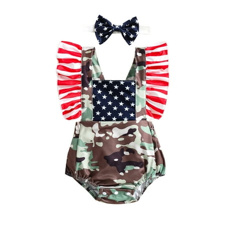 Toddler Baby Girls Climbing Clothes Fly Sleeve Independence Day Striped Printed Camouflage Ruffles Romper With Headbands Outfits For 12-18 Months
Toddler Baby Girls Climbing Clothes Fly Sleeve Independence Day Striped Printed Camouflage Ruffles Romper With Headbands Outfits For 12-18 Months