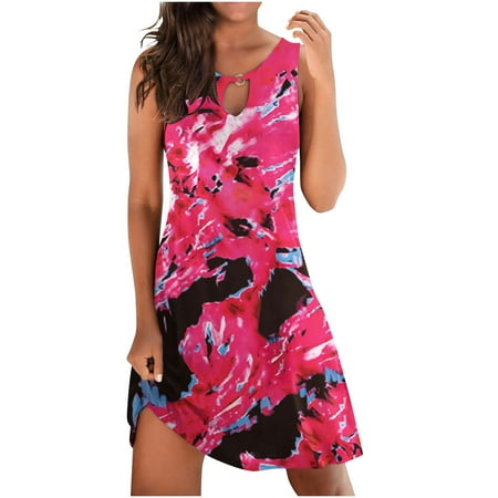 Summer Dresses for Women 2023 Casual Slimming Shirts Draw Back Printed Sleeveless Round Neck Dress Hot Pink S