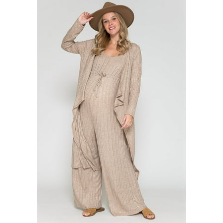 Women s Maternity Waist Tie Sleeveless Maxi Jumpsuit & Long Ruffle Cardigan Set