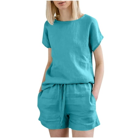 Womens Casual Summer Linen 2 Pieces Outfits Plain Short Sleeve Tops with Drawstring Pockets Shorts Pajamas Lounge Suits
Womens Casual Summer Linen 2 Pieces Outfits Plain Short Sleeve Tops with Drawstring Pockets Shorts Pajamas Lounge Suits