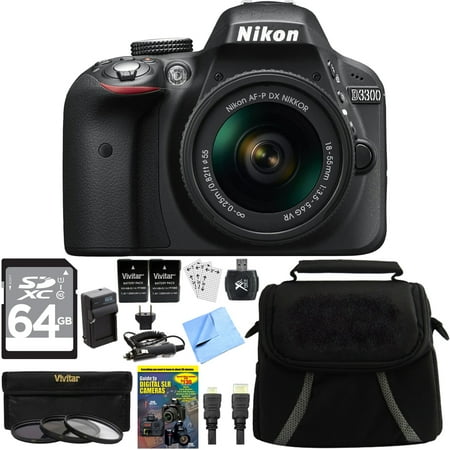 Nikon D3300 DSLR 24.2 MP HD Camera w\/ 18-55mm Lens Bundle includes Camera, Lens, 64GB SDXC Memory Card, Compact Gadget Bag, 55mm Filter Kit, 2 Camera Batteries + Charger, Beach Camera Cloth and More Nikon D3300 DSLR 24.2 MP HD Camera w\/ 18-55mm Lens Bundle includes Camera, Lens, 64GB SDXC Memory Card, Compact Gadget Bag, 55mm Filter Kit, 2 Camera Batteries + Charger, Beach Camera Cloth and More
